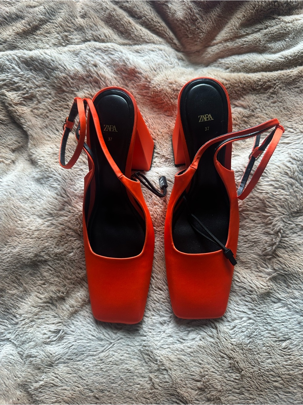 Zara Orange Square-Toe Block Heel Slingback Pumps